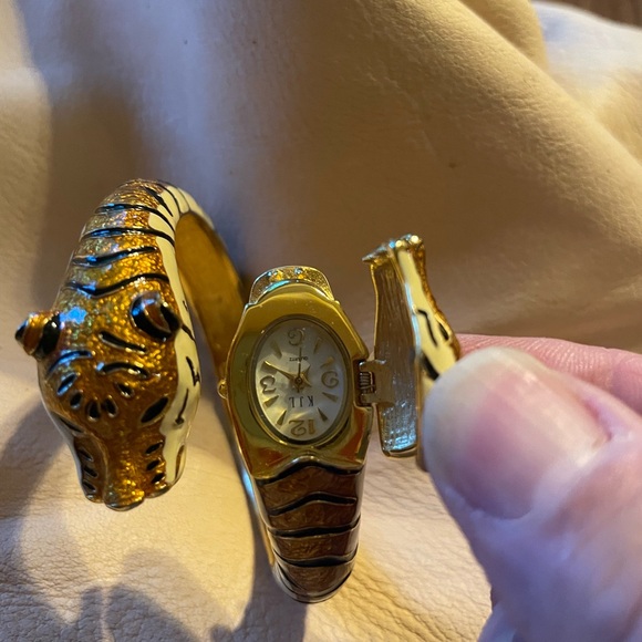 Kenneth Jay Lane Gold and White Tiger Bangle Watch